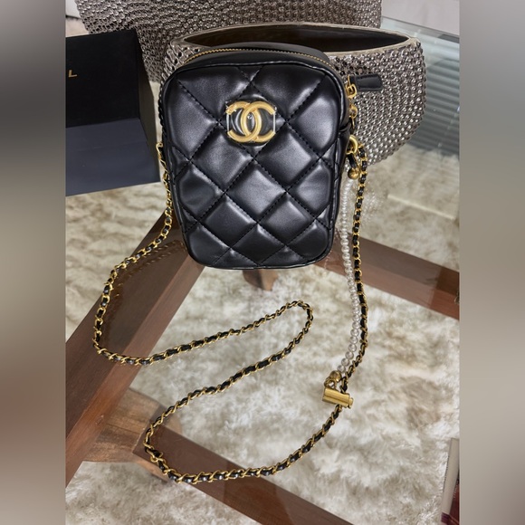 CHANEL Black Gold Logo Quilted Make up Bag